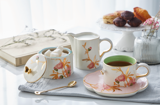 Peach Blossom Enchantment Teapot, Sugar Bowl, and Creamer Jar | Ceramicraze